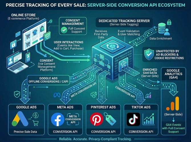 Diagram of the tracking flow: the store sends purchase data through the consent platform to a dedicated tracking server, which passes conversions on to Google Ads, Meta, Pinterest, TikTok and Google Analytics