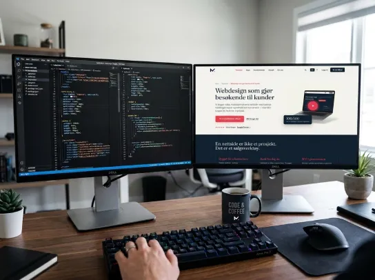 Developer workstation with a code editor on one screen and a finished Mementor website on the other